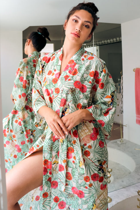 Alexandra "Oiseaux du Désert" Kimono Long en Voile de Coton/Soie